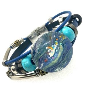 Snap bracelet 30mm jewelry handmade blue leather SJ30 style dot Statement